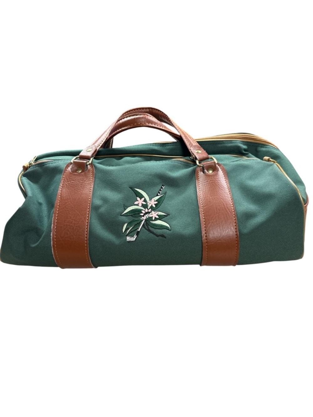 Green Embroidered Floral Golf Club Accent  Canvas Tote Carry On Weekender